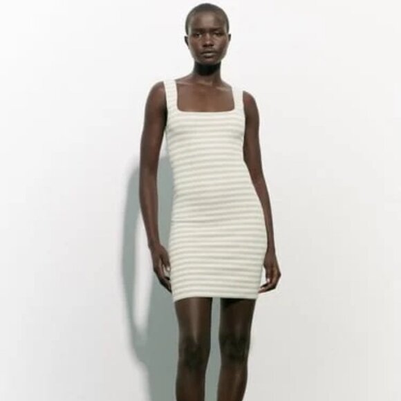 ZARA Striped Bodycon Tank Dress Beige White Size L NWT - Picture 2 of 7